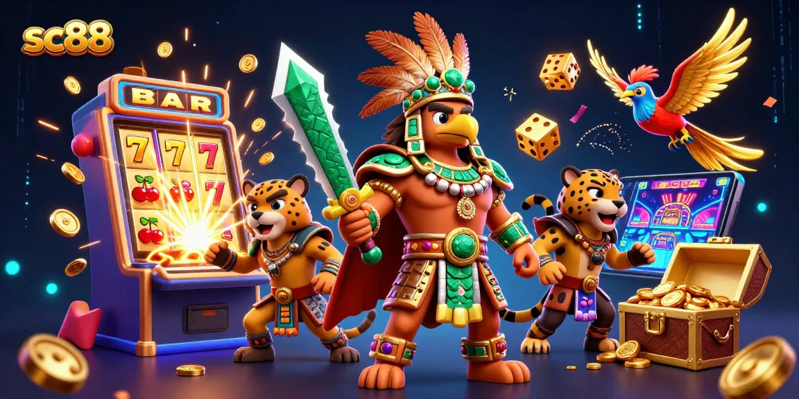 Win big with sc88 at an energetic Aztec-themed casino illustration bursting with excitement.
