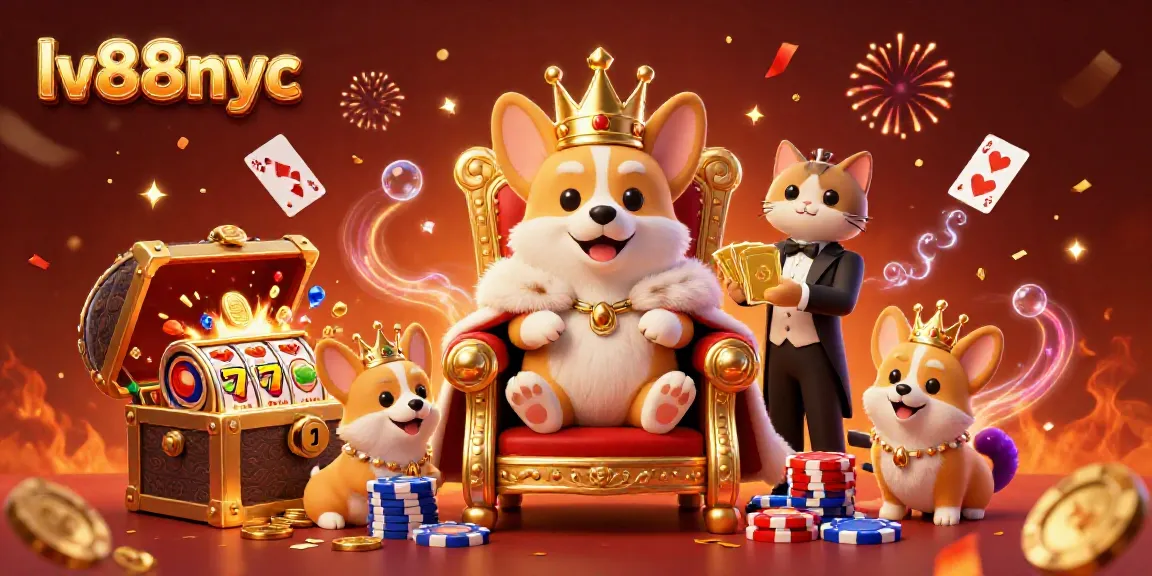 Experience vibrant gameplay at lv88nyc with a royal corgi on a poker chip throne amidst golden treasures.