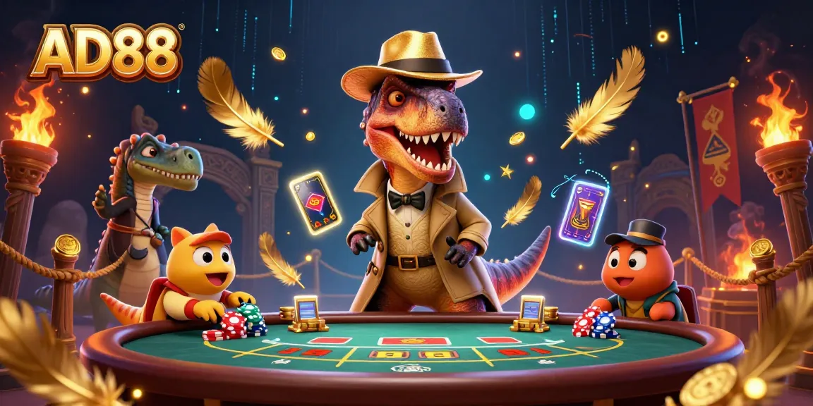 Experience exciting gaming adventures at AD88 with a quirky velociraptor and friends at the blackjack table.