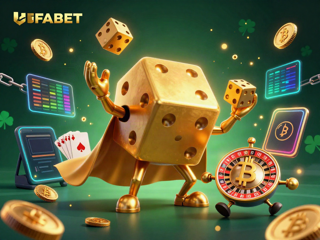Engage with UFABET’s gaming world featuring a vibrant scene of a golden dice golem and crypto elements.