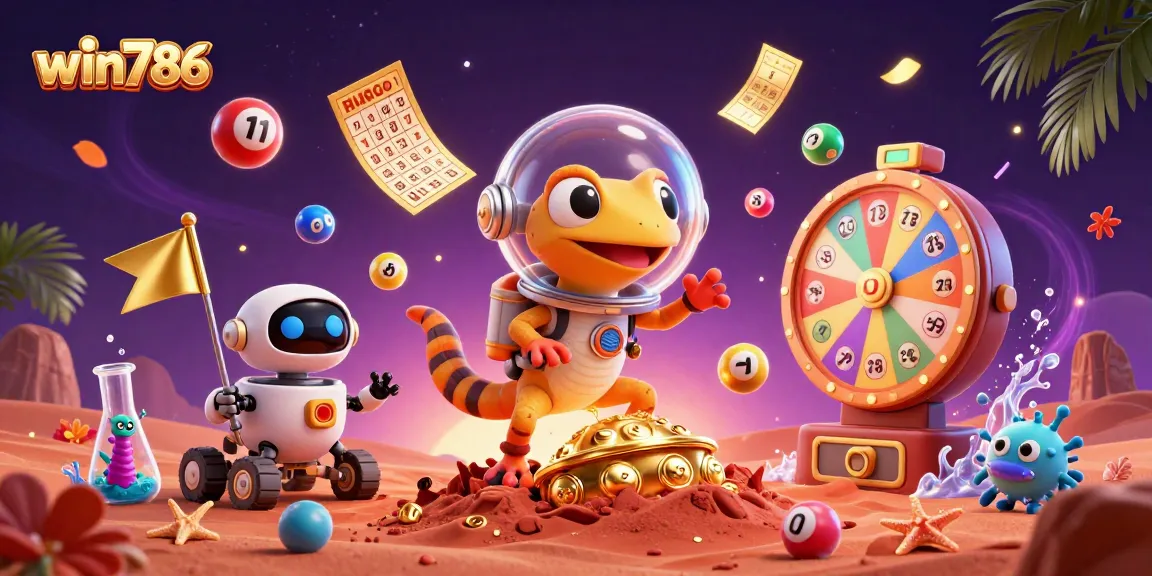 Win786's Martian gecko discovers a golden casino amidst bouncing lottery balls and vibrant prize elements.