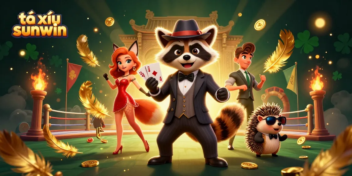 Engage in tài xỉu sunwin with a raccoon, fox, and hedgehog in a vibrant casino scene.