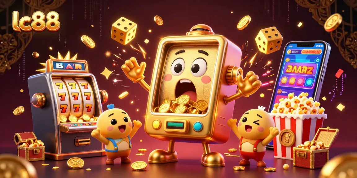Experience excitement with lc88's vibrant 3D jackpot scene, showcasing a golden slot machine winning big.