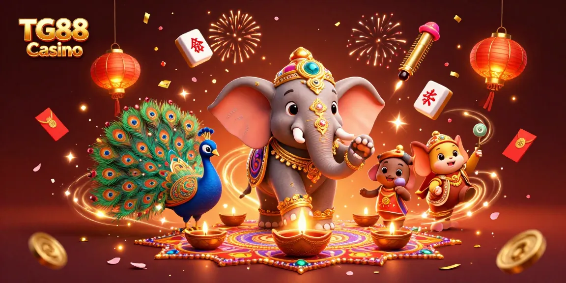 Experience thrilling games at TG88 Casino with an enchanting 3D elephant scene filled with vibrant elements.