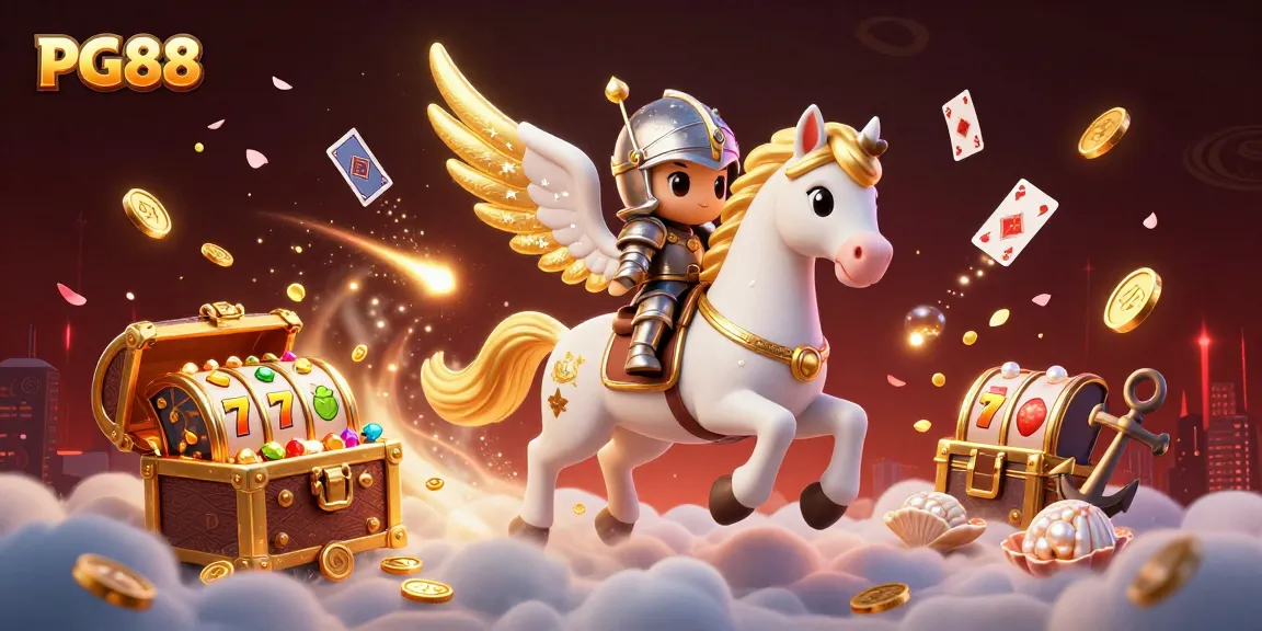 Engage with PG88's fantasy gaming universe featuring a knight and celestial horse amidst vibrant casino elements.