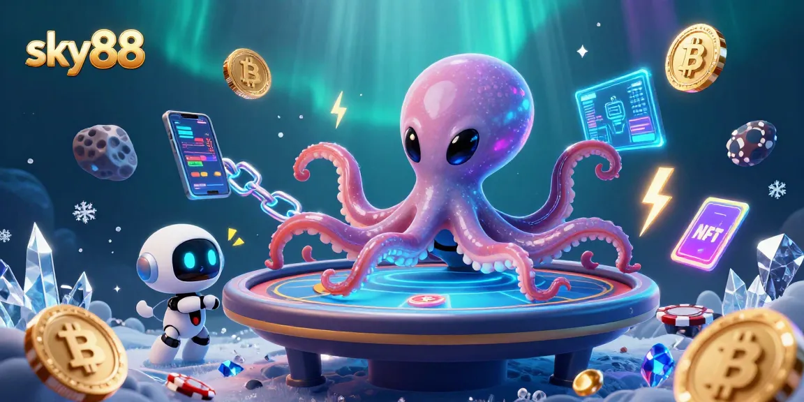 Engage in thrilling gameplay at sky88 with alien octopus managing a holographic poker table.