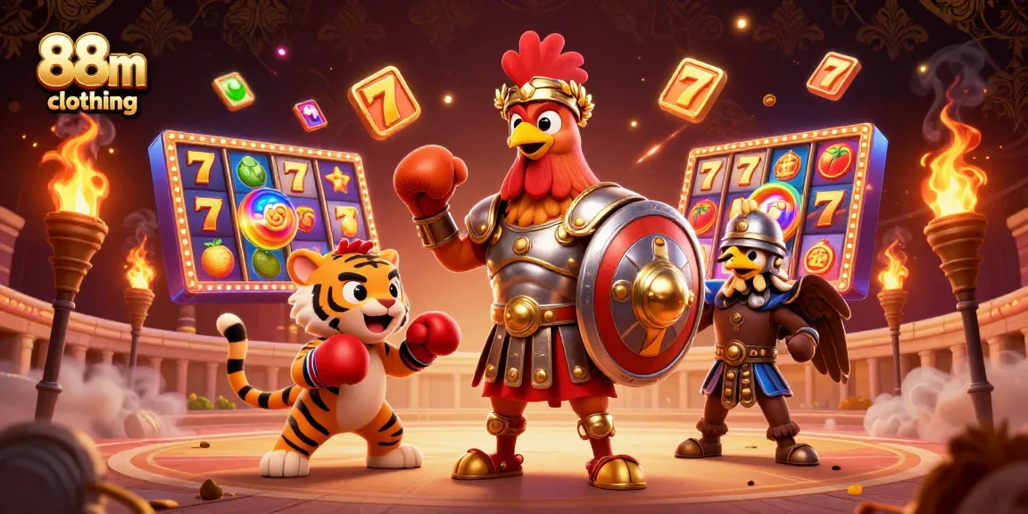 88m clothing showcases an exciting slot game themed illustration featuring a gladiator rooster character.