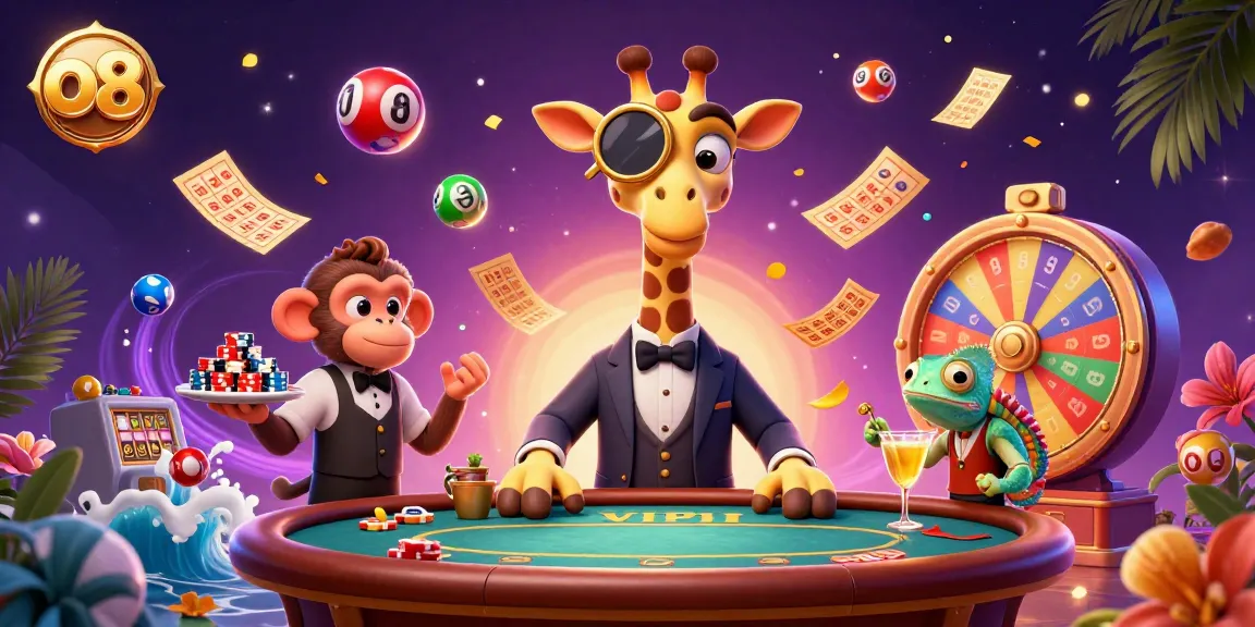 Join the fun at o8 with a high-roller giraffe enjoying poker as lottery balls bounce around in a vibrant casino scene.