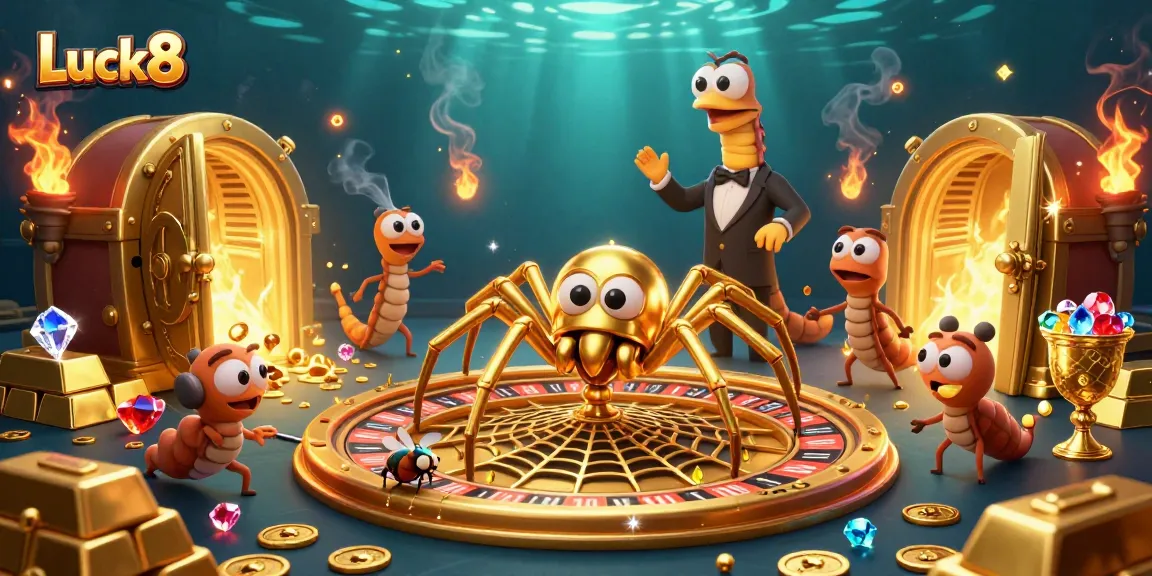 Experience Luck8 gameplay with a cartoon spider and centipede in a vibrant casino scene.