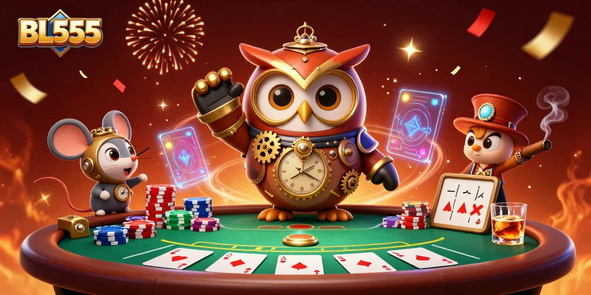 Engage in high-stakes poker at BL555, where the time-traveler owl and clockwork mouse celebrate wins in a vibrant casino.