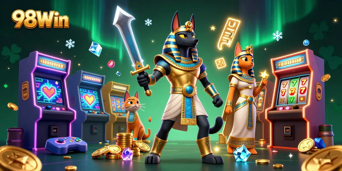 Engage in thrilling casino action at 98Win with stunning 3D visuals of Anubis and Bastet.