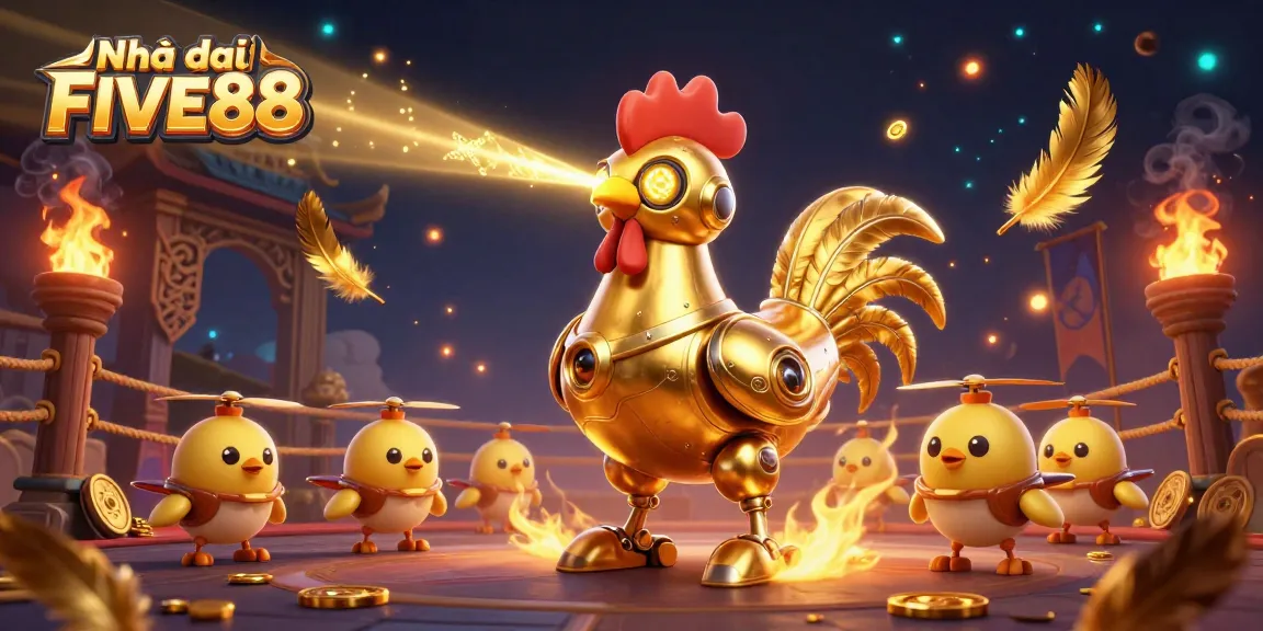 Action-packed scene showcasing Nhà cái FIVE88 with a golden rooster robot in a dynamic betting arena.
