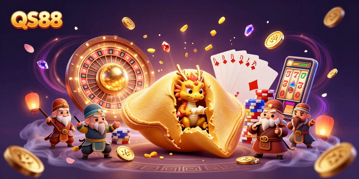 Join the excitement of QS88 as a wise dragon reveals fortunes amidst floating gold coins in a vibrant casino scene.