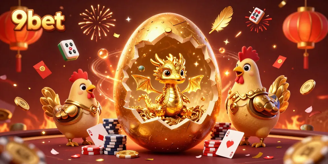 Experience the thrill of 9bet with a vibrant illustration of a dragon, poker chips, and festive casino elements.