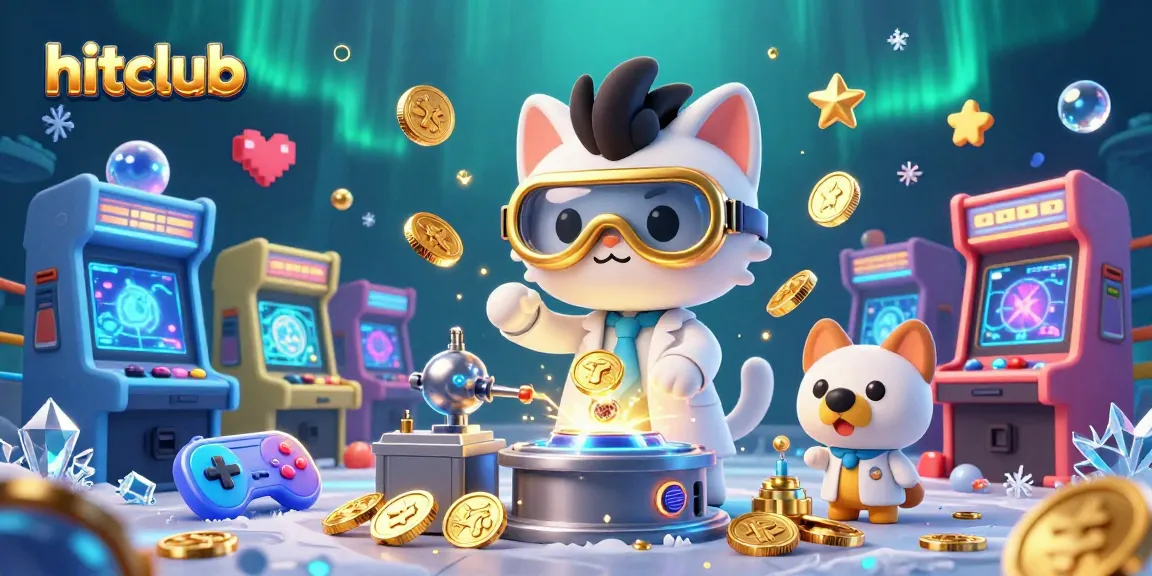 hitclub features a vibrant scene with a mad scientist cat and assistant creating a gold-coin machine in a dynamic casino
