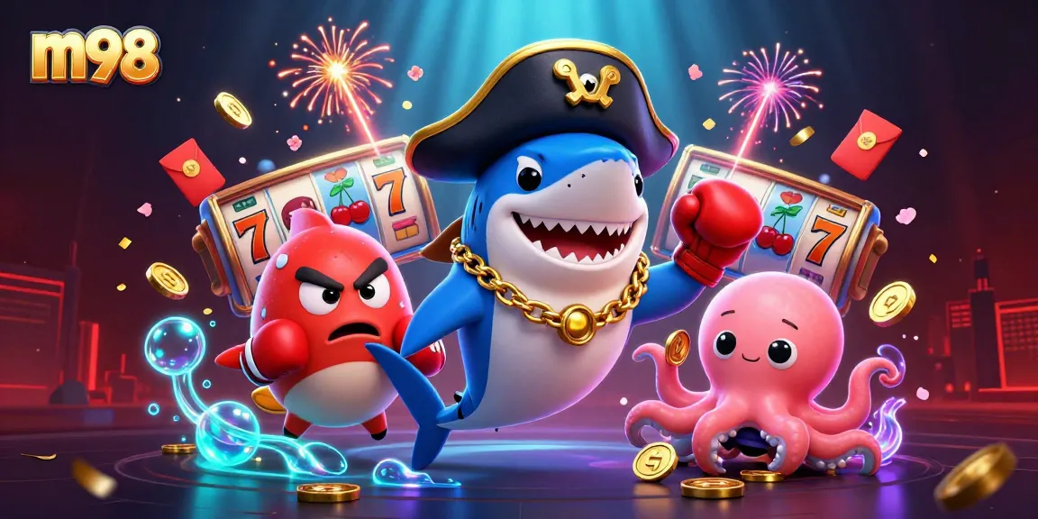 Enjoy thrilling m98 slots with colorful characters like a pirate shark, pufferfish, and octopus in action!