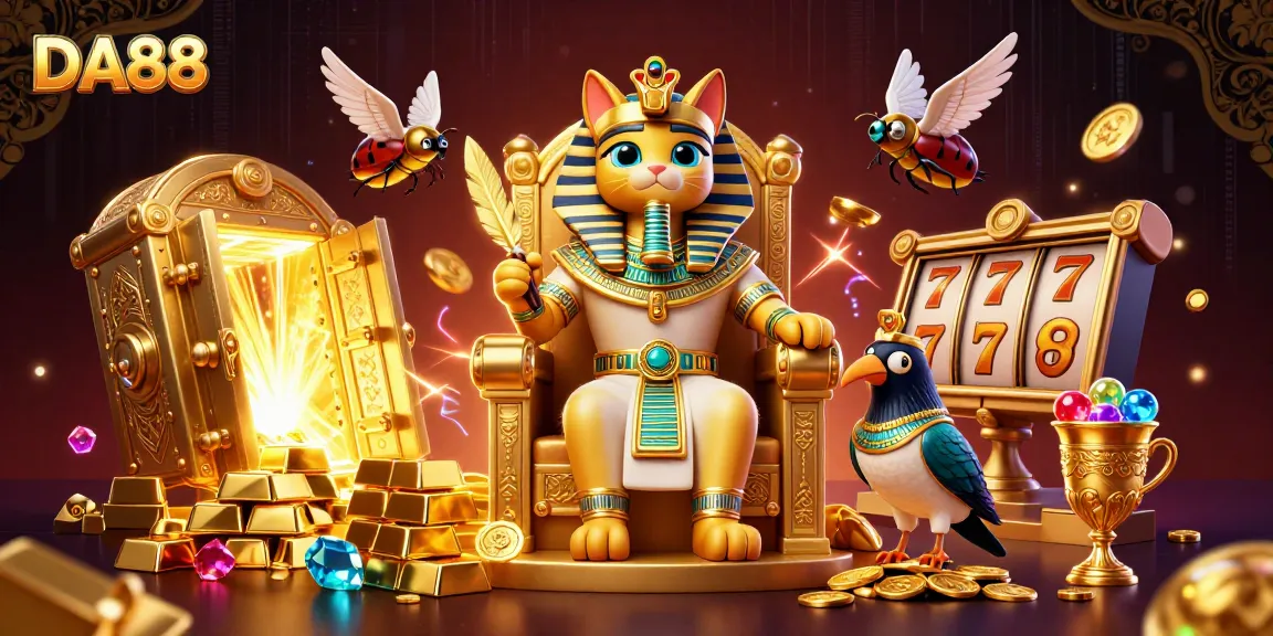 Spin slots at DA88 with an Egyptian pharaoh cat overseeing treasures, gems, and casino excitement.