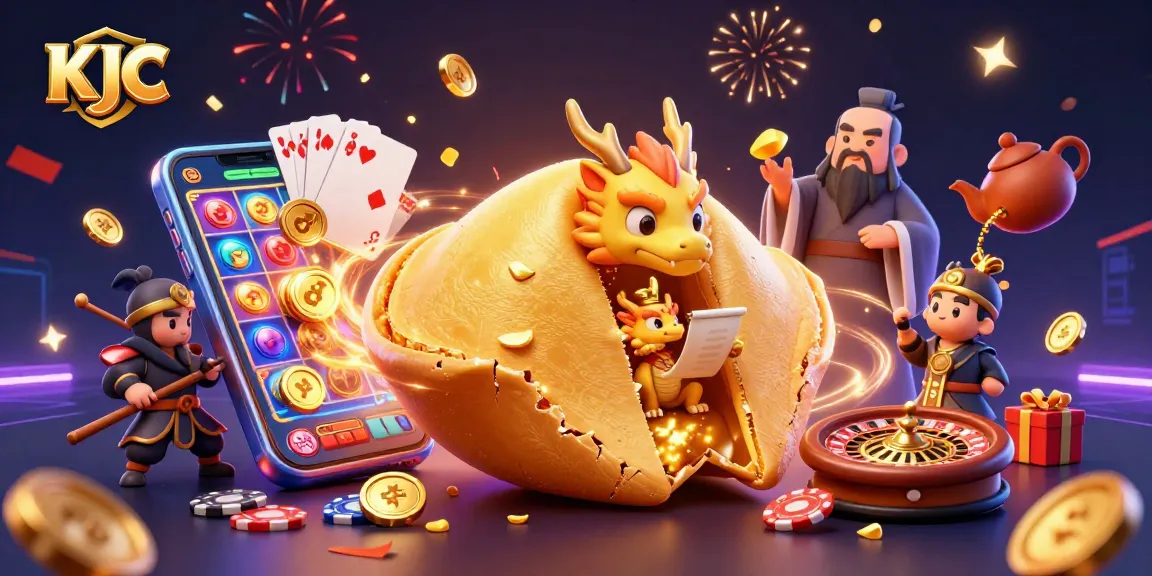 Immerse in KJC's vibrant casino experience with golden coins and spinning reels.
