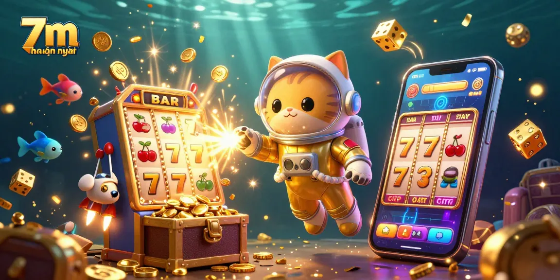 The 7m nhanh nhất scene showcases a lively feline astronaut, a robot dog, and alien fish in a vibrant casino universe filled with jackpot symbols and dynamic light.