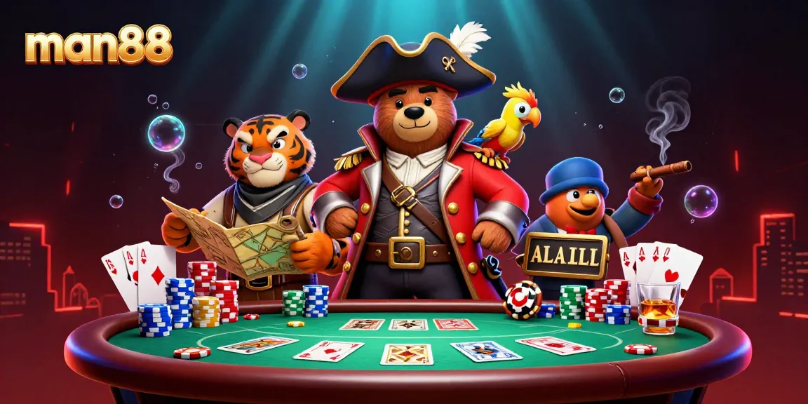 Engage with thrilling poker action at man88 featuring pirate characters, chips, and cards.