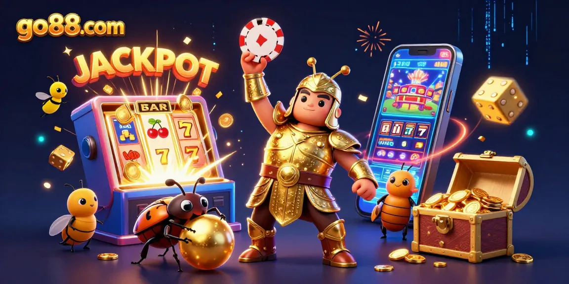 Experience thrilling wins at go88com with a vibrant 3D illustration featuring lucky symbols and characters celebrating a jackpot.