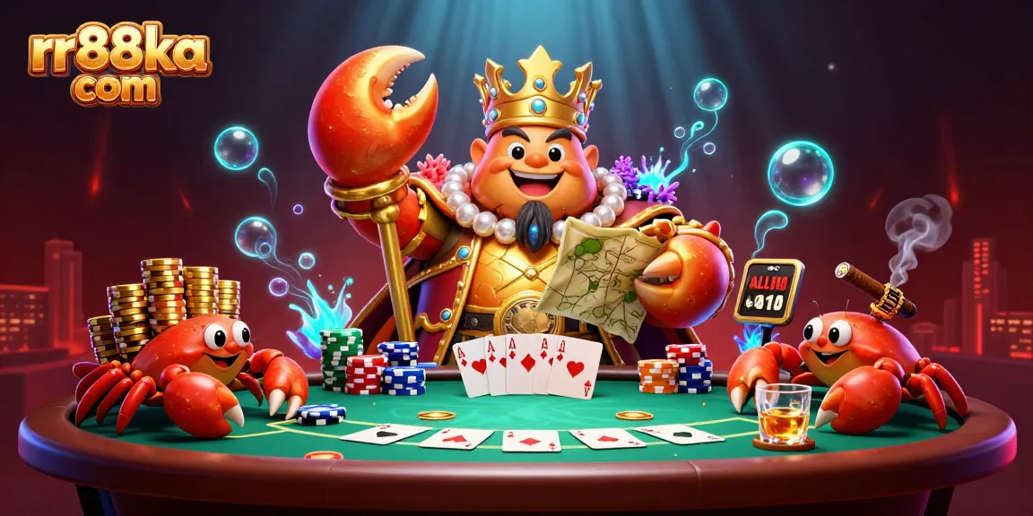 Join the excitement at rr88ka com with a 3D golden crab emperor amidst vibrant poker elements!