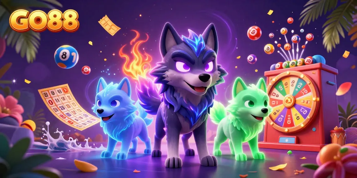 Experience dynamic gaming with GO88 as glowing wolves, lottery balls, and prizes fill the scene.