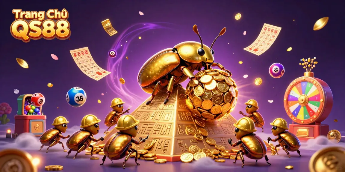 Engage with "Trang Chủ QS88" through vibrant lottery scenes with rolling beetles and gold coins.