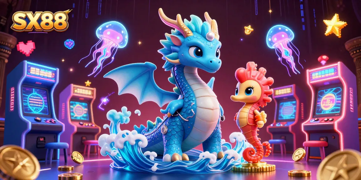 SX88 captures the excitement of gaming with a dragon, coral knight, and neon jellyfish in a vibrant casino environment.