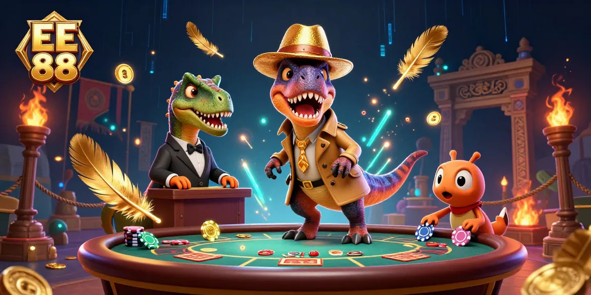 Experience thrilling gameplay at EE 88 with a vibrant casino scene featuring a clever velociraptor and friends.