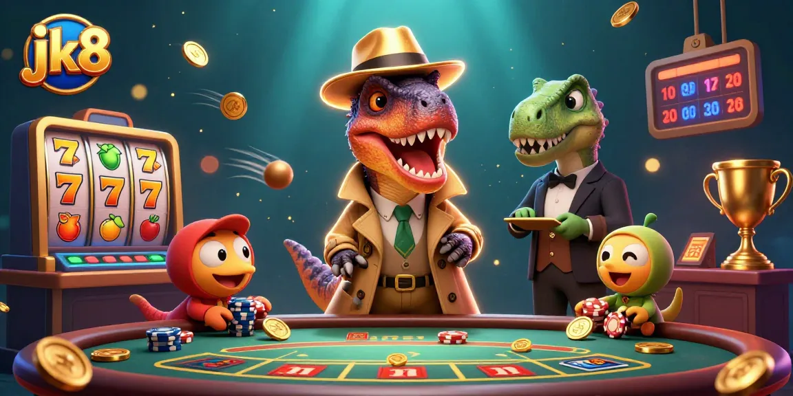 Play thrilling casino games at jk8 while a velociraptor counter strategizes at a blackjack table.