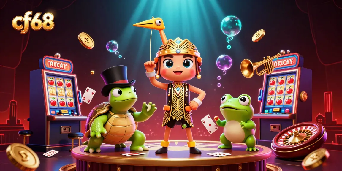 Engage with CF68 as vibrant characters enjoy games at a lively casino backdrop.