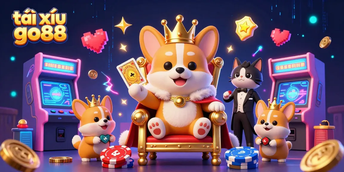 Engage with tài xỉu go88 featuring a regal corgi in a vibrant 3D casino setting.