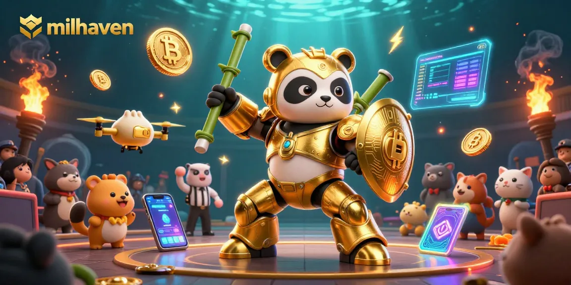 Experience the thrill of gambling with milhaven in a vibrant 3D arena with golden panda and crypto action.