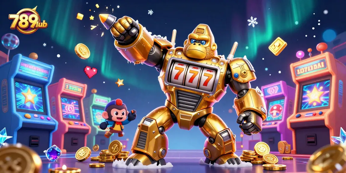 Win big with 789club's golden gorilla mech slot game battling for jackpots amidst colorful arcade excitement.