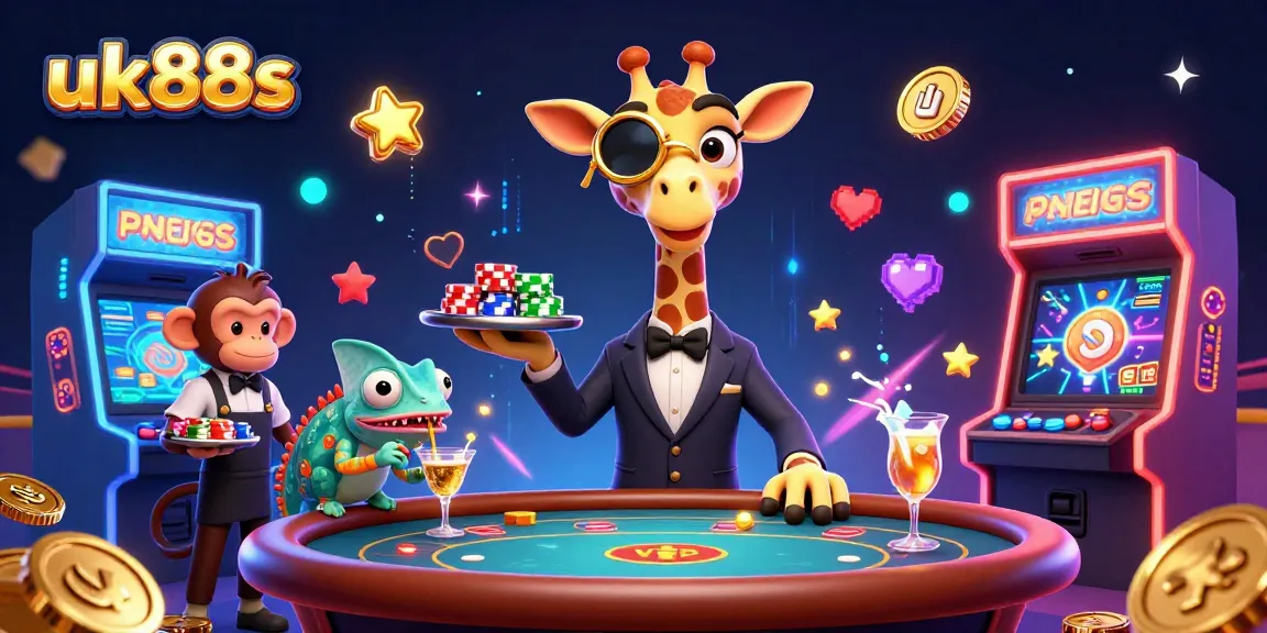 Experience exciting gaming action with uk88s, featuring a high-roller giraffe at a poker table surrounded by vibrant arcade elements.