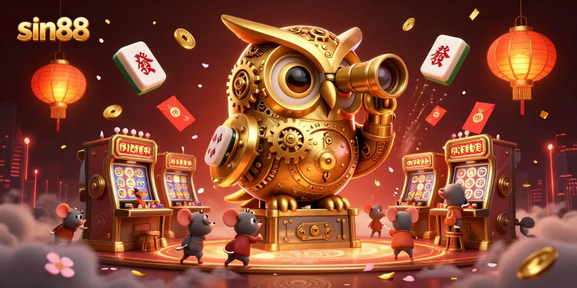 Experience the vibrant scene of sin88 with a golden owl and whimsical mice celebrating casino fun.