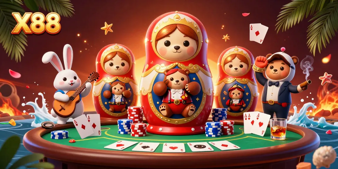 Experience high-stakes gaming with X88's vibrant casino bear illustration featuring poker elements.