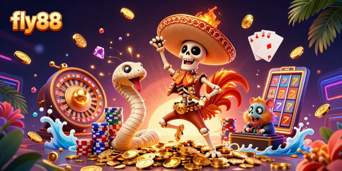 Enjoy the vibrant fly88 experience as the rooster dances amidst coins and games.