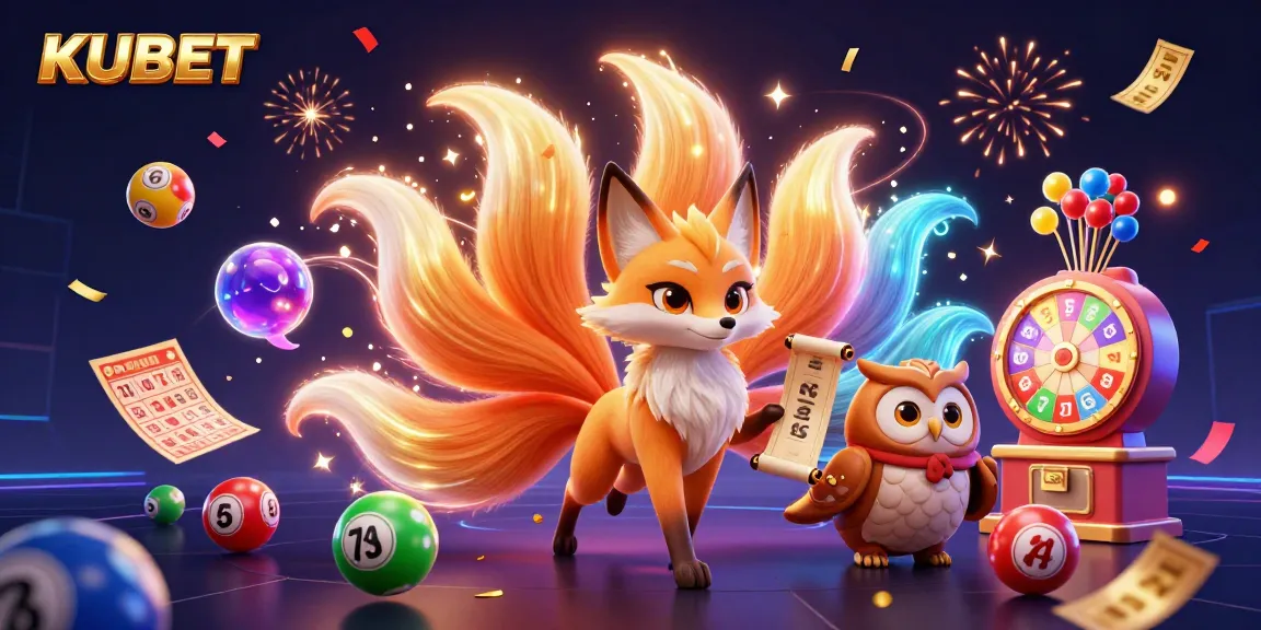 KUBET promotes exciting gameplay with a vivid illustration of a nine-tailed fox, owl sage, and colorful lottery elements.