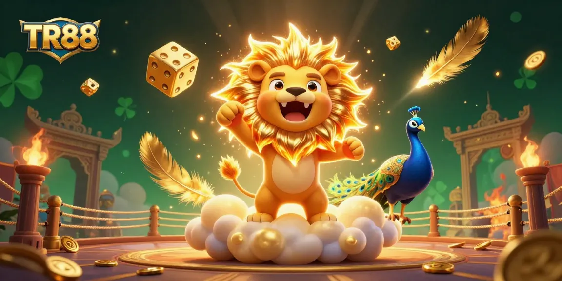 Experience thrilling action at TR88 with a 3D illustration featuring a roaring lion and golden dice.