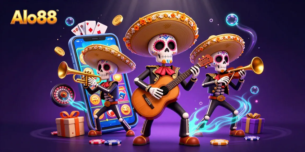 Play exciting slot games at Alo88 with a vibrant scene of musical skeletons celebrating