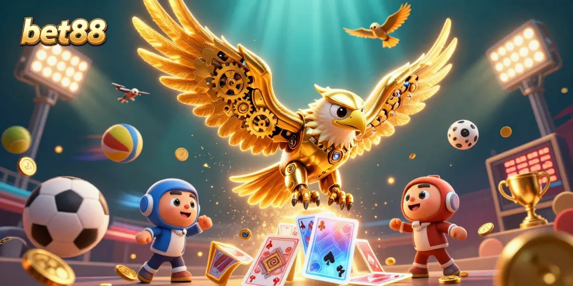 Experience bet88 with an exhilarating golden eagle diving through a swirl of sports and gaming elements.
