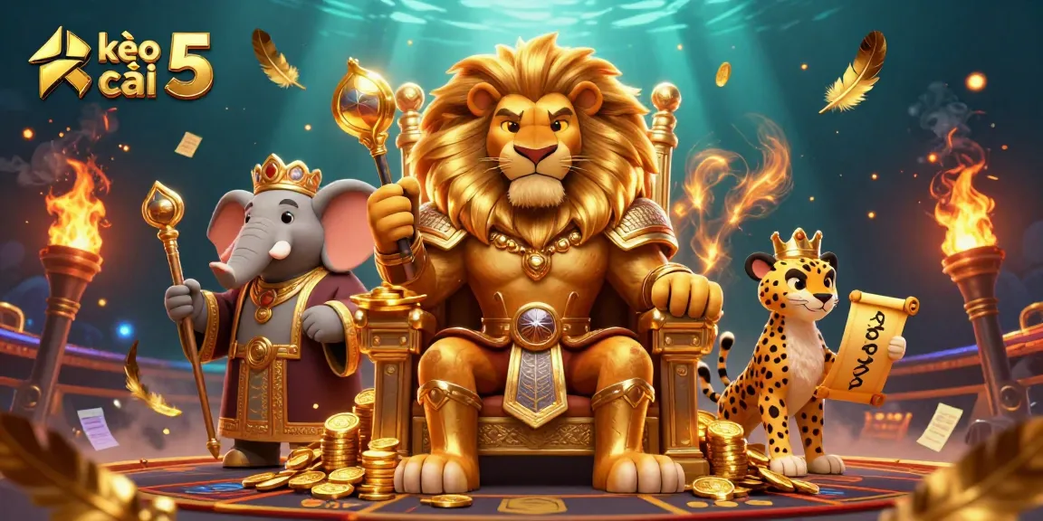 Engage in exciting betting with kèo nhà cái 5, featuring a majestic lion king surrounded by sports betting elements.