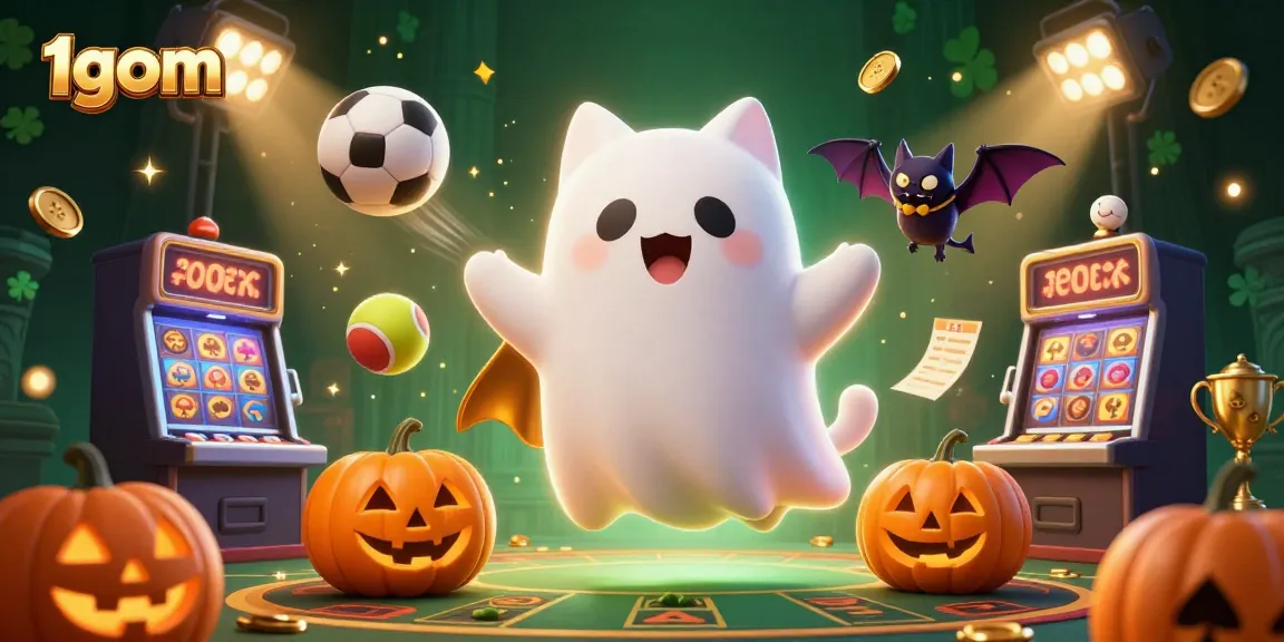 Experience 1gom's vibrant ghost cat soaring through a haunted casino scene filled with sports elements.
