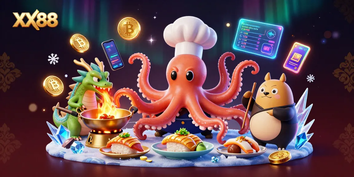 Experience exciting play at XX88, featuring a mystical chef octopus and neon crypto elements.