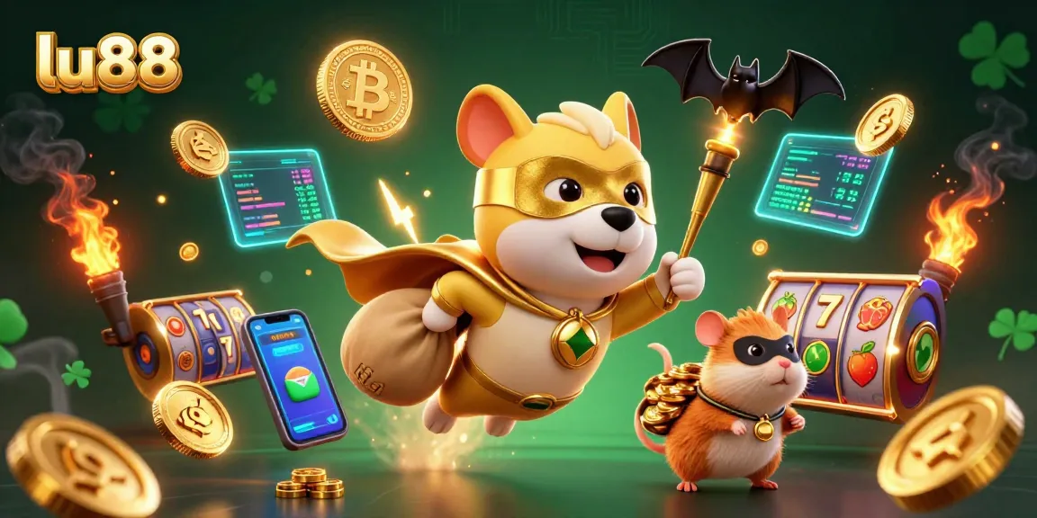 Engage with the exciting lu88 casino world, featuring a superhero dog and hamster amidst vibrant casino symbols.