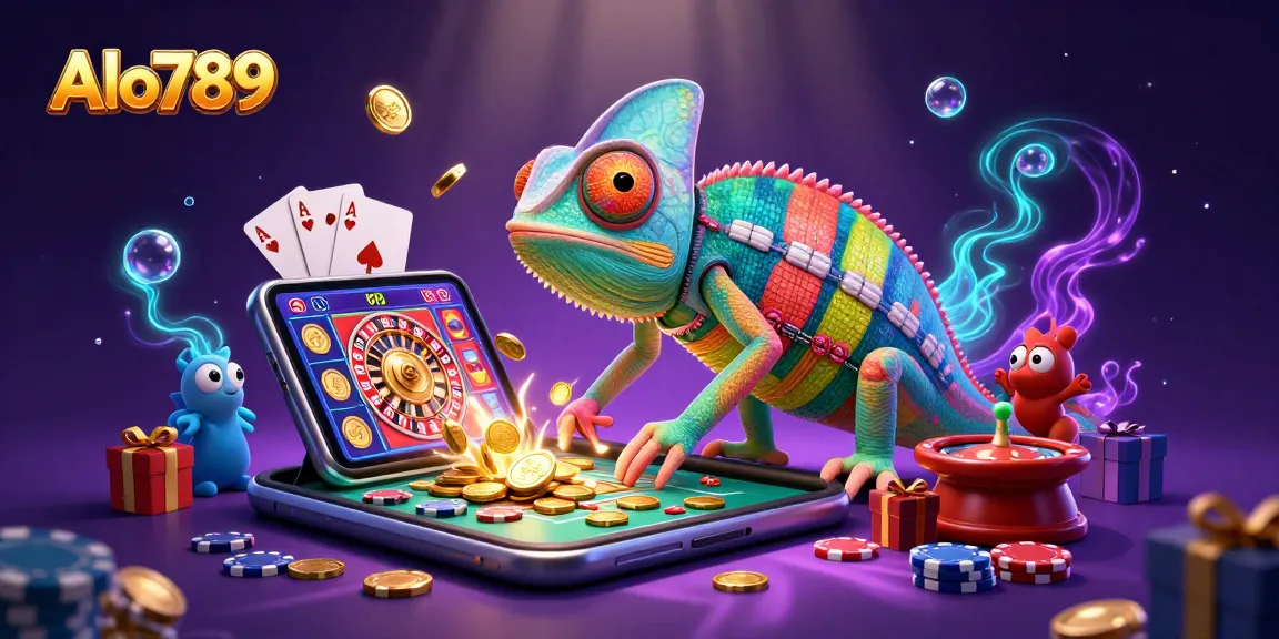 Alo789 casino owner chameleon captures golden coins amidst vibrant slot games and dynamic gambling elements.