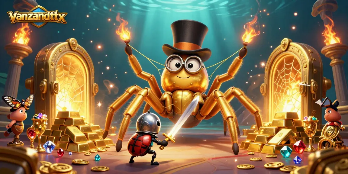 Experience vanzandttx as a vibrant casino setting comes to life with a golden tarantula and brave beetle knight.