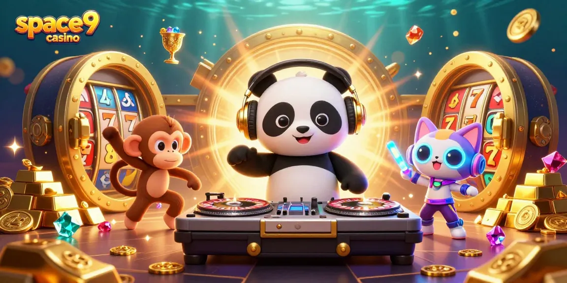 Experience the thrill of space9 casino with a DJ panda, breakdancing monkey, and glow-stick kitten in a dazzling party scene.